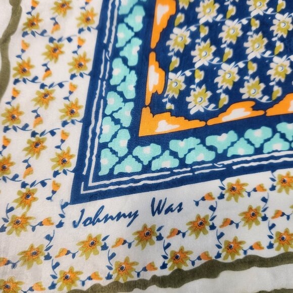 Johnny Was Silk Square Scarf Tasseled Floral Blue Multicolor Boho Bohemian Twee - Picture 2 of 6